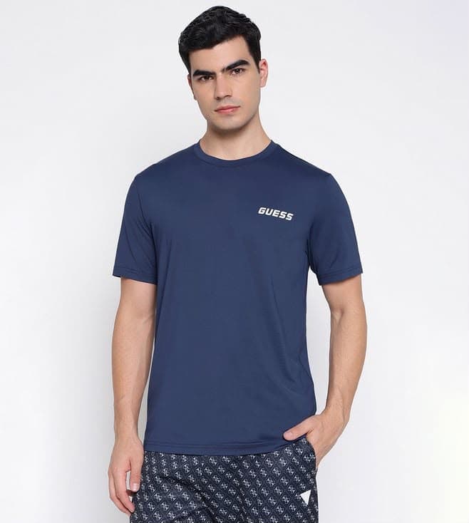 GUESS Liga Micro Textured Tech Silk Blue Solid Round Neck Slim Fit T-Shirt